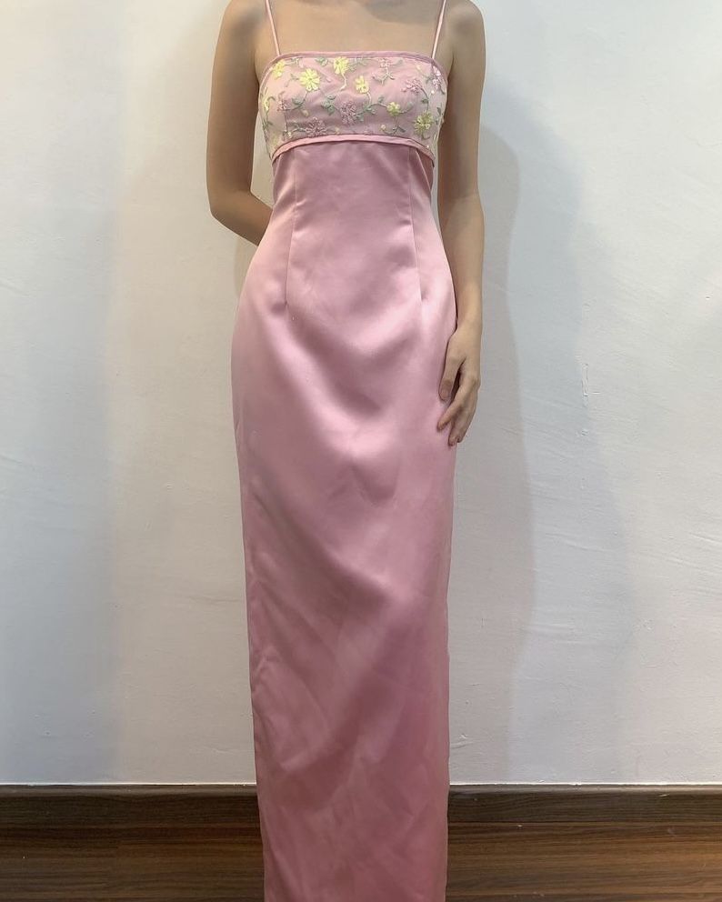NiceVestidos--Pink Floral Long/Short Satin Prom Dress Nv5599