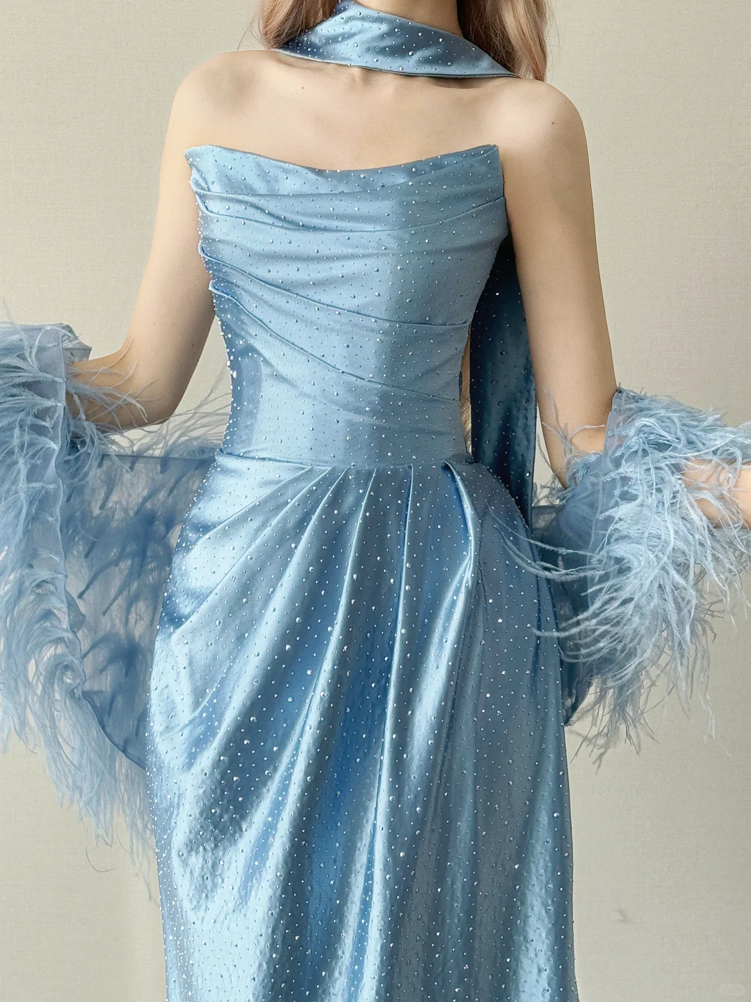 Dusty Blue Strapless Satin Evening Dress With Detachable Feather Sleeves & Rhinestones NV7143