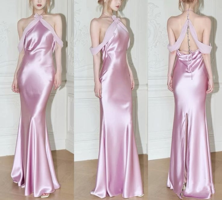 Rosa Mode Elegant Bodycon Rückenfrei Ärmellos Langes Satin Hochzeitsgast Partykleid Brautjungfernkleider Abendkleider Ballkleider Ballkleider nv3926