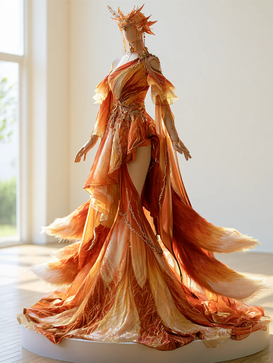 Orange Gold One Shoulder Nine-Tailed Fox Fantasy Gown NV7475