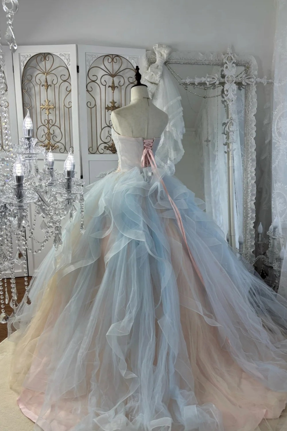 Pink-Blue Ombré Ball Gown: Beaded Strapless & Oversized Tulle NV6838