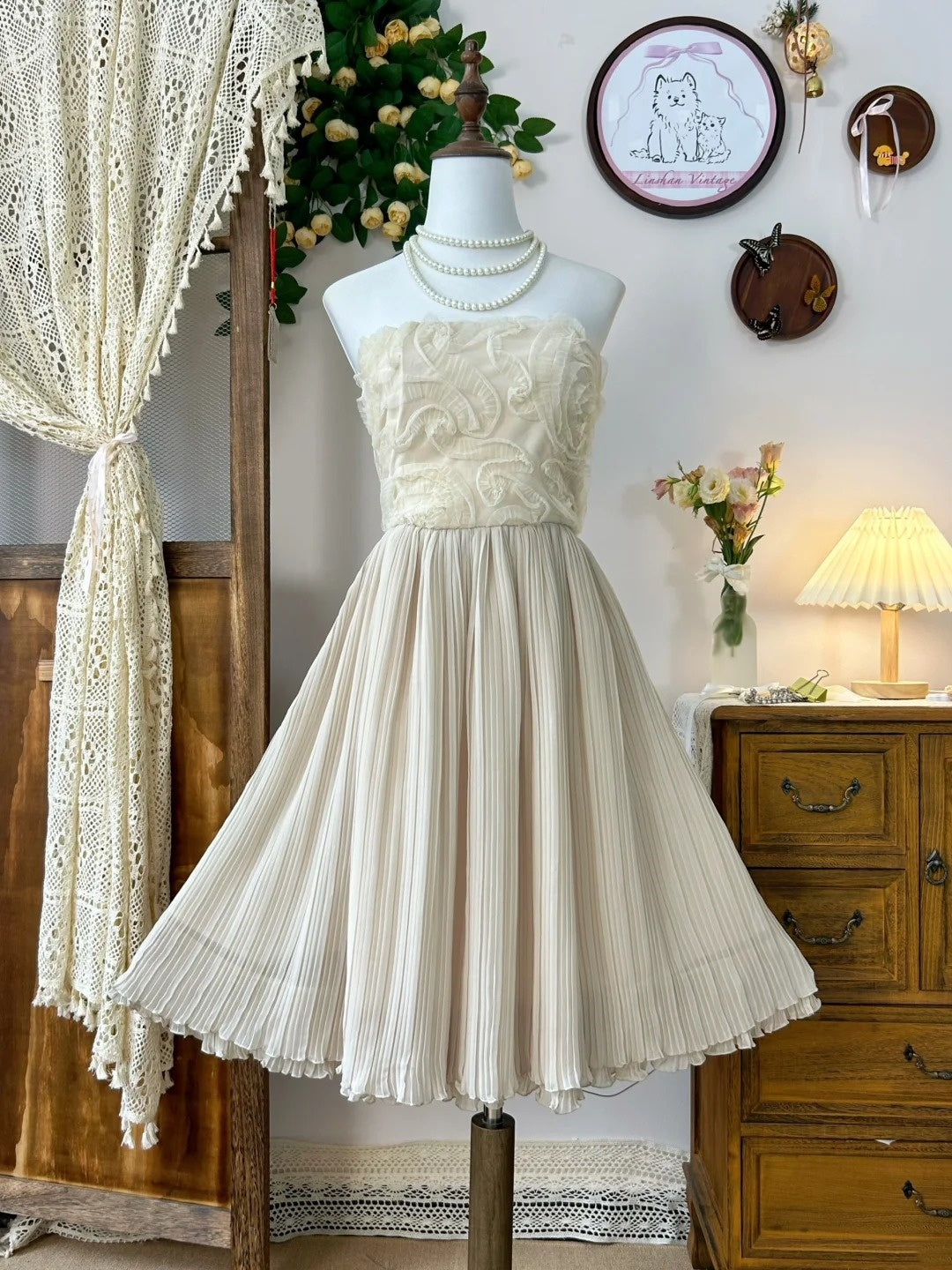 Cremegelbes kurzes Spitzen-Chiffon-Vintage-Prinzessinnen-Heimkehrkleid, Geburtstagspartykleid, nv4708