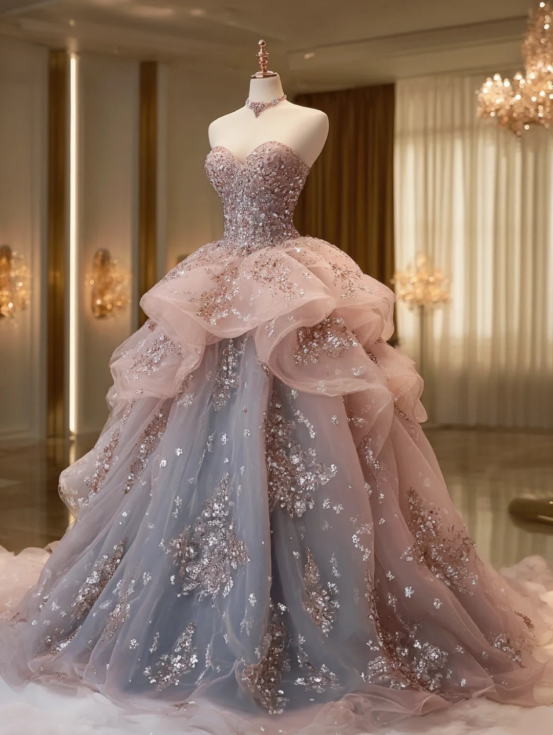 Éclat de neige poudrée | Robe rose champagne pour un bal d'hiver NV6517