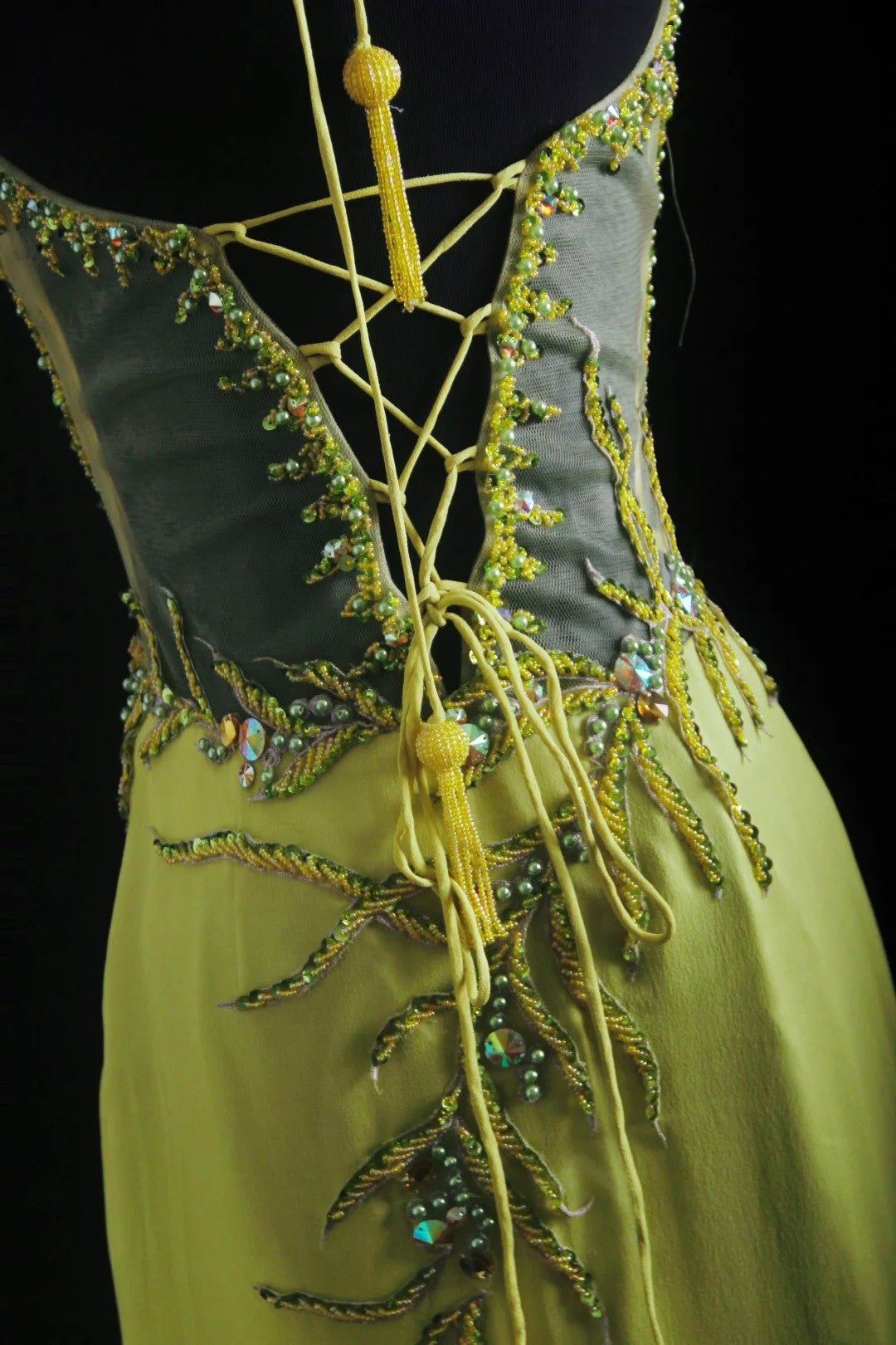 NiceVestidos--Dreamy Handmade Beaded Niche Forest Fairy Tale Nature Art Glam Yellow Green Chiffon Beaded Halter Neck Fitted Long Prom Dress NV5793