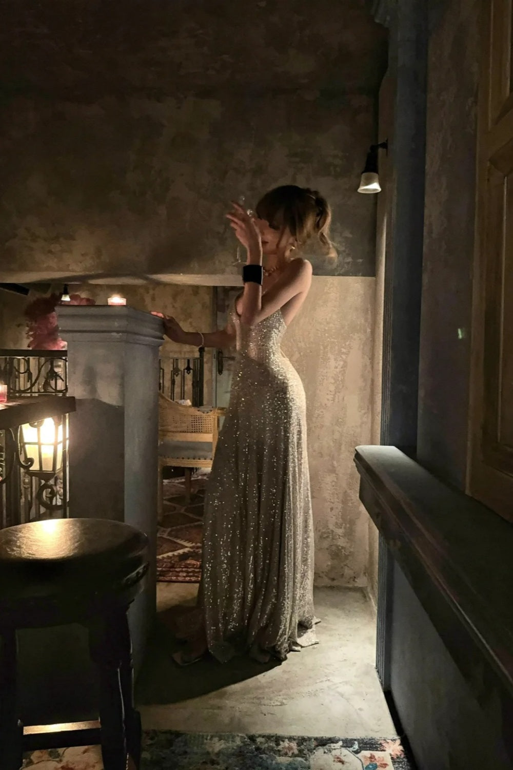 Champagne Sequin Spaghetti Strap Maxi Evening Dress for Gala/Party NV6543