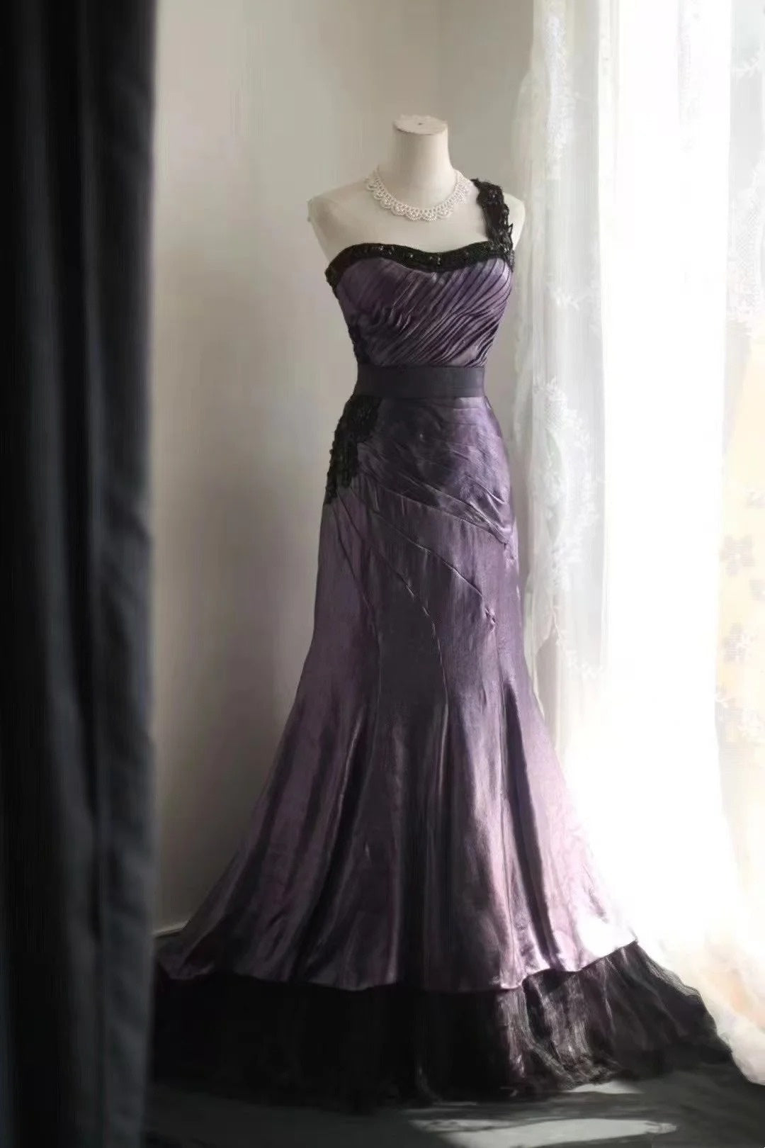 purple and cream lace dress White Scalloped Lace Purple Tea-length Bridal Dress