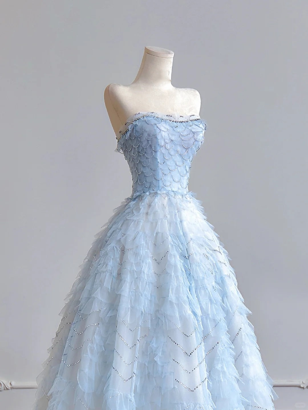 Light blue shiny sequined organza long tulle floor-length ball gown evening dress graduation dress nv5103