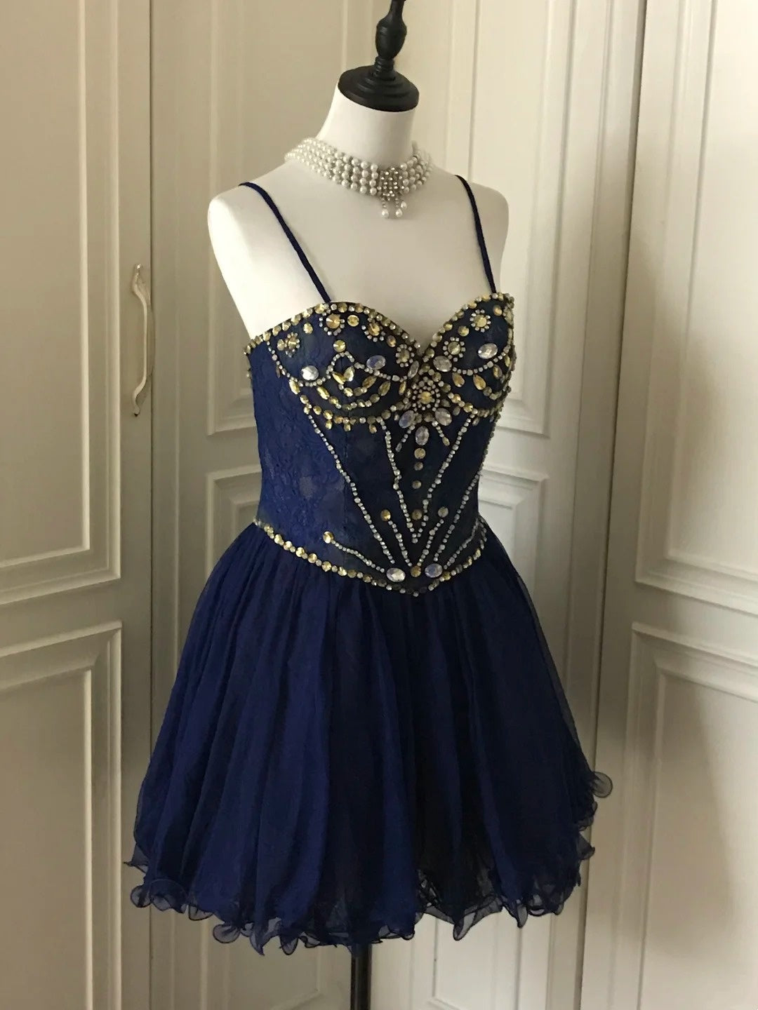 Navy Beaded Short Tulle Princess Homecoming Dress Birthday Party Dress nv4713