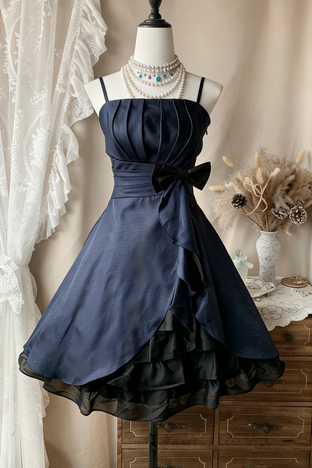 navy blue dress with cream lace Dark Blue Lace Applique Tulle Long Prom Dress Blue Bridesmaid Dress US 12 / Custom Color