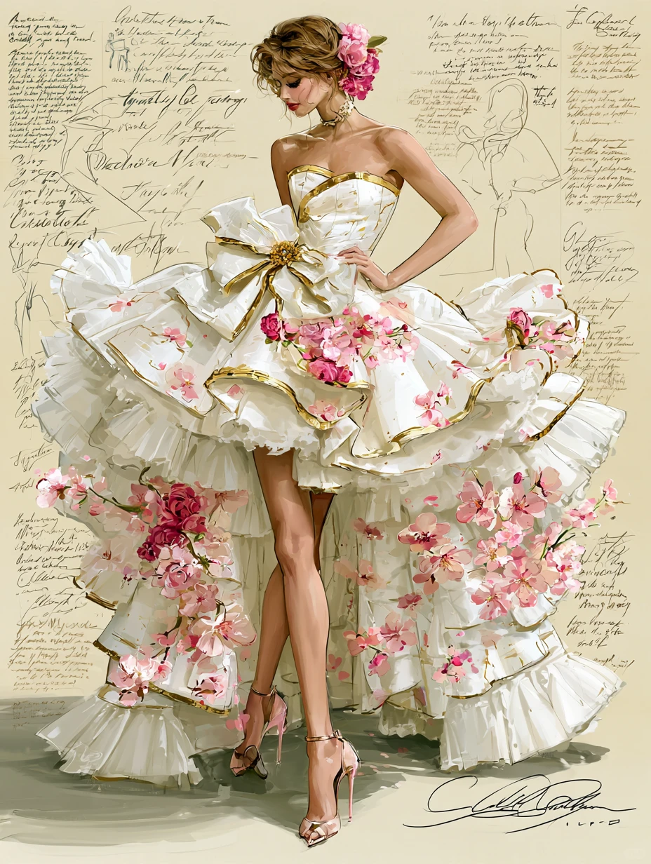 3D Pink Floral Strapless High Low Ruffle Prom Dress with Gold Trim & Big Bow NV7400