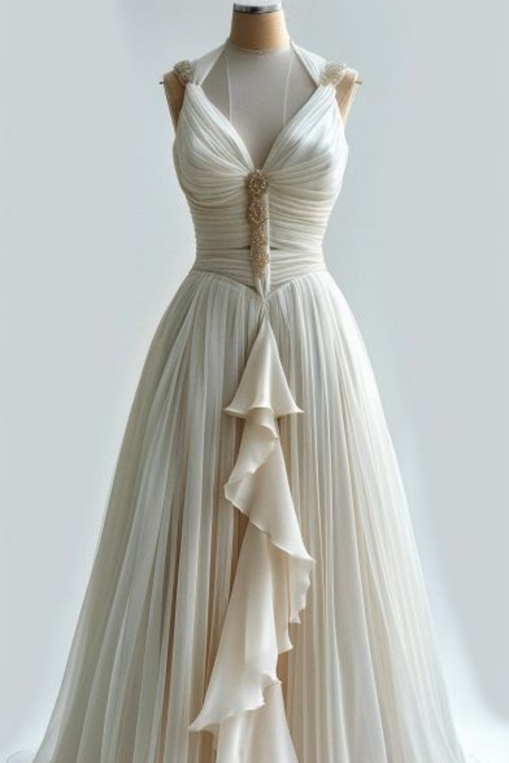 Elfenbein Elegantes V-Ausschnitt Exquisite Edelstein A-Linie Langes Tüll Ballkleid Abendkleid Hochzeitskleid nv3460