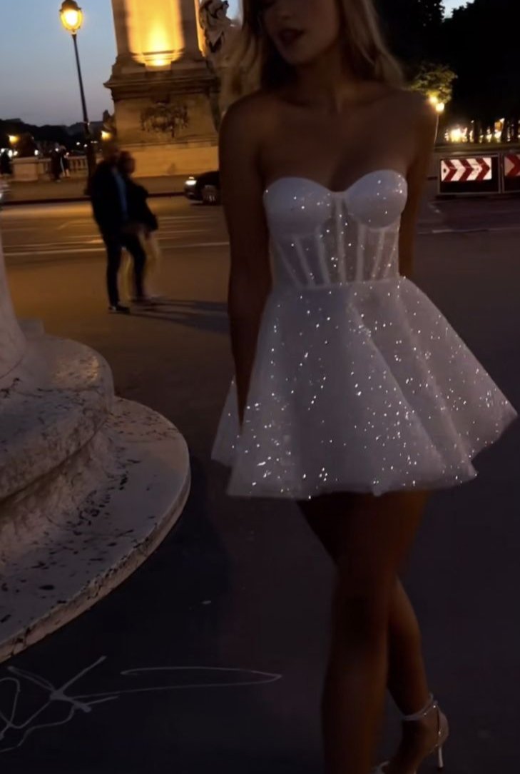 Weiße glänzende Pailletten einfaches süßes kurzes Abendkleid Geburtstagspartykleid nv3053