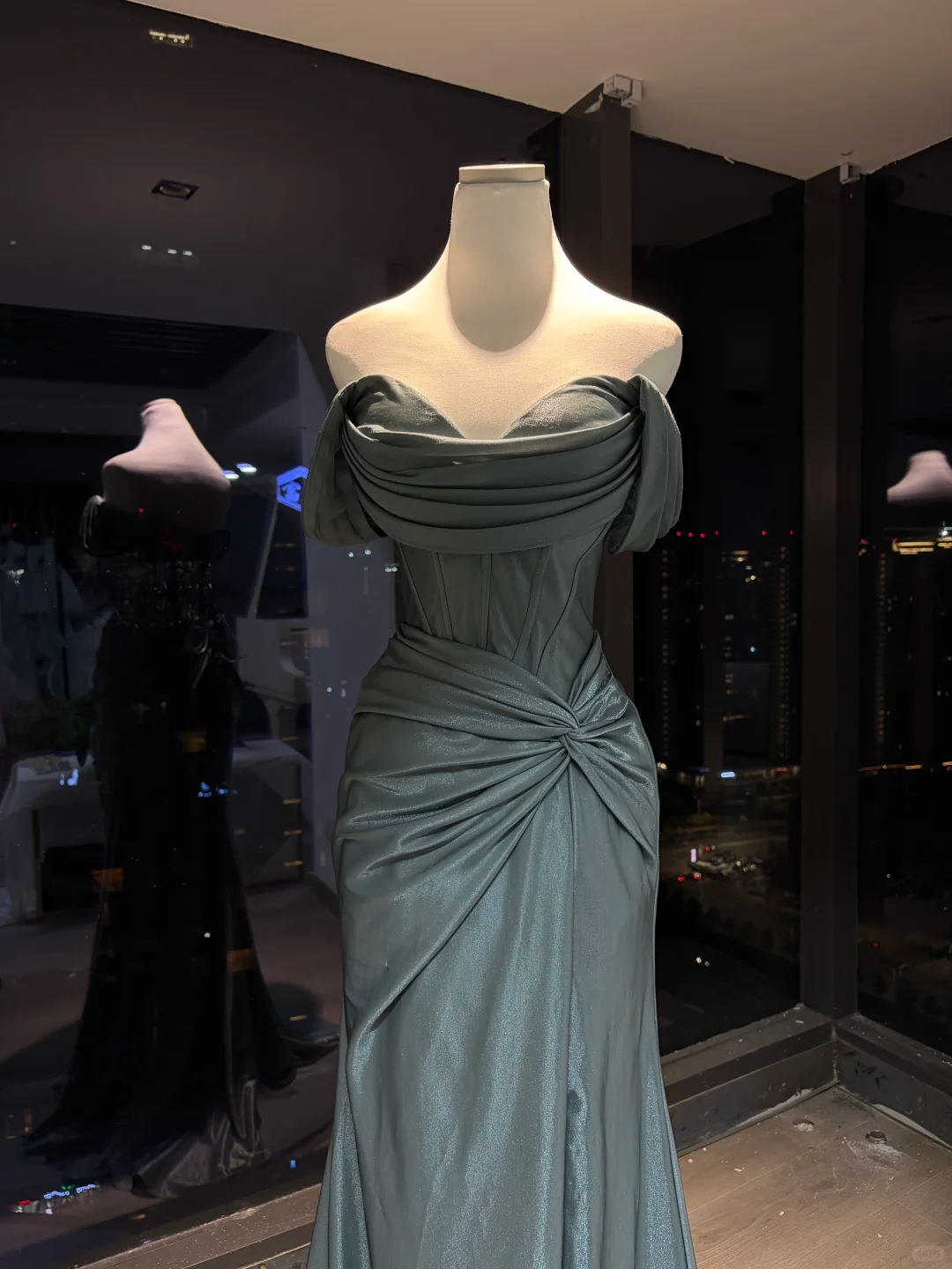 Dusty Teal Strapless Satin Mermaid Evening Dress, Draped Neck Corset Gown with Twist Waist Detail NV7093