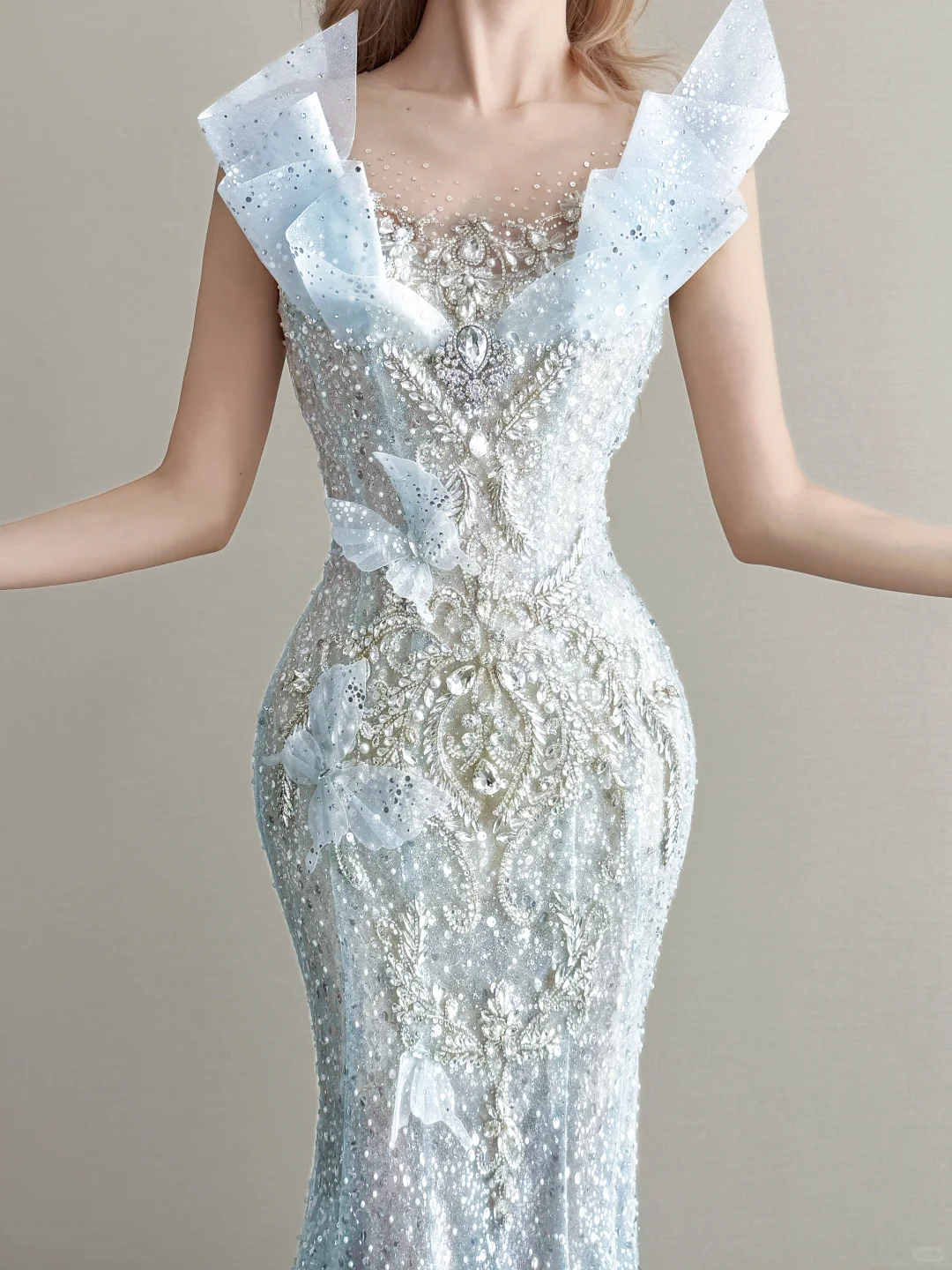 Ice Blue V Neck Prom Gown Ruffle Shoulder Beaded Sequin Mermaid Long Train Evening Dress NV7161