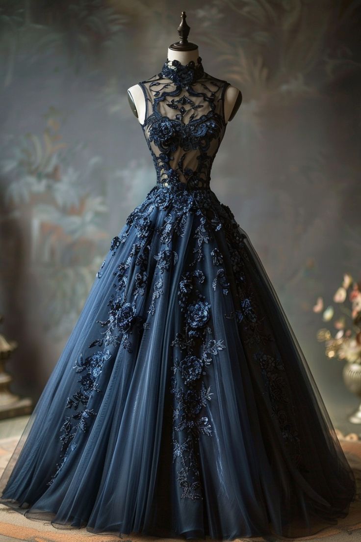 Marineblaues, wunderschönes, exquisites Spitzen-Abendkleid aus elegantem, langem Tüll, Ballkleid, NV3364