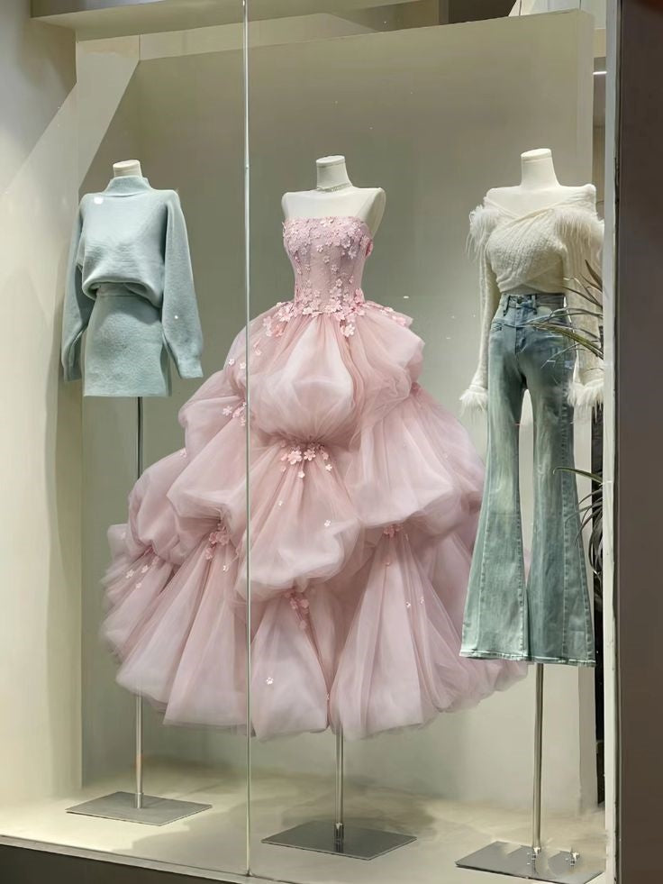 Pink Elegant Sweet Fairy Exquisite Floral Applique Long Layered Tulle Ball Gown Evening Dress Wedding Dress nv3819