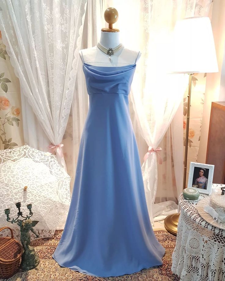 Blue Stylish Elegant Spaghetti Straps Long Satin Ball Gown Evening Gown Party Dress Prom Gown nv4025