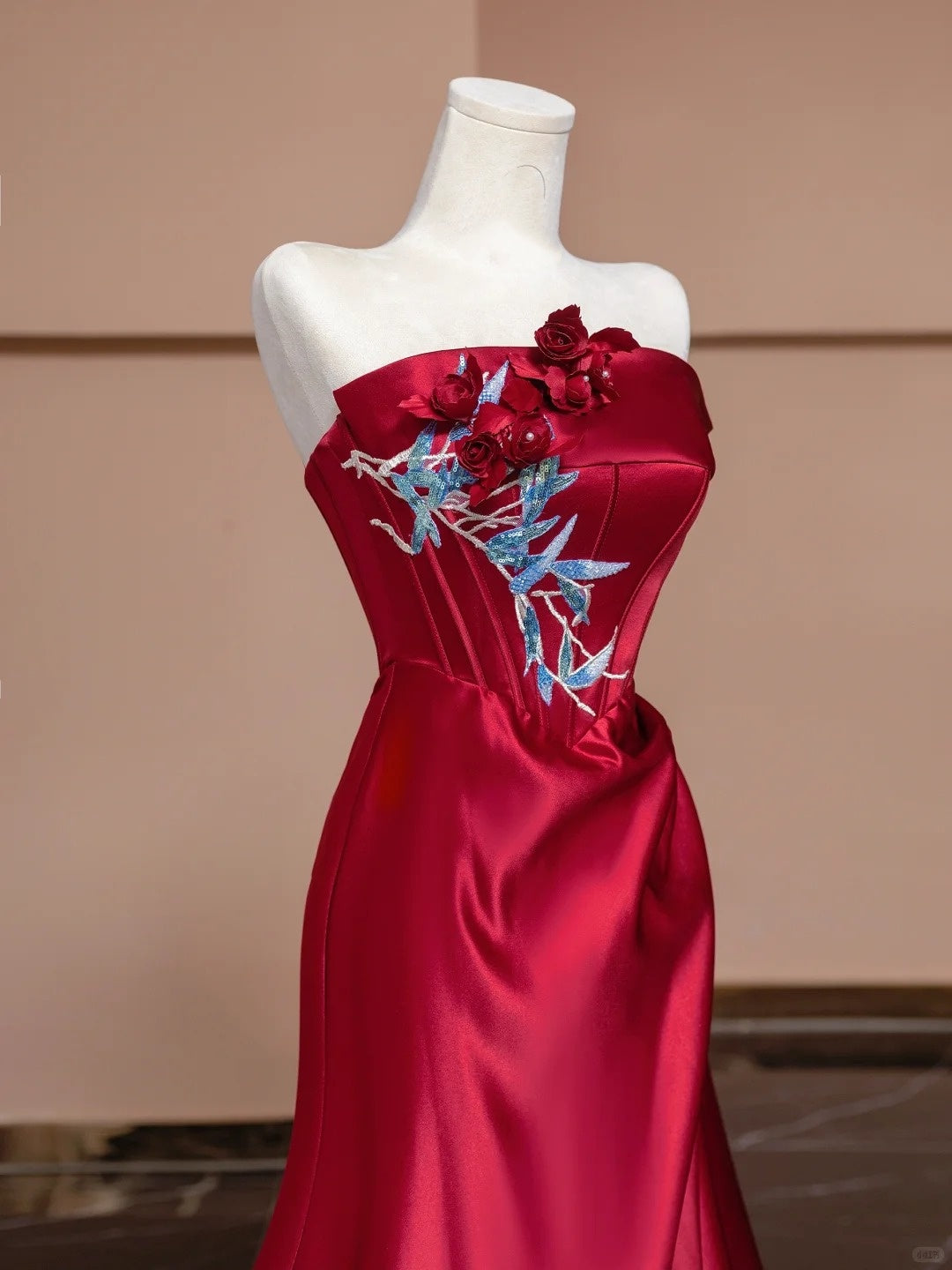 Red Beaded Long Satin Floor Length Ball Gown Evening Dress nv5050