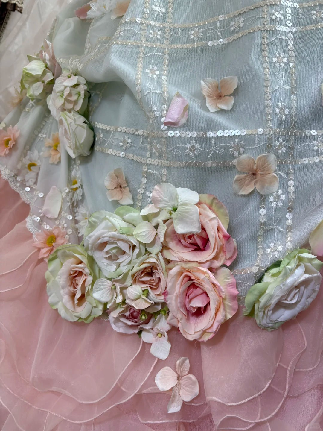 Rosa, bodenlanges Ballkleid aus Tüll mit Blumenmuster, nv5172