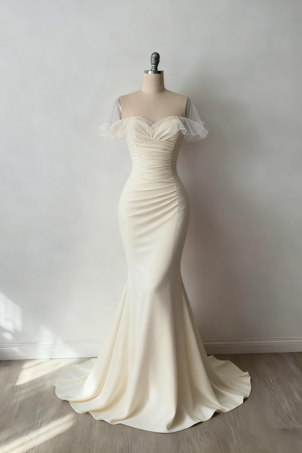 (Exclusive Original Design Dress)Off-Shoulder Short-Sleeve Ivory Satin Mermaid Gown | Fairy Luxury Tulle Ruffle Train Dress for Gala Ball NV6310