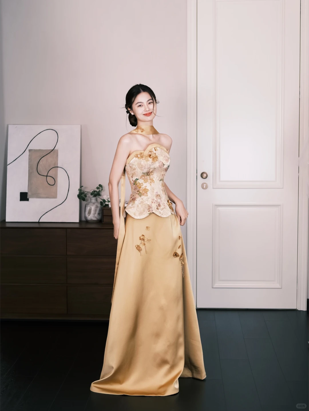 Gold Chinese Style Floral Satin Evening Gown, Strapless Corset Reception Dress NV7292