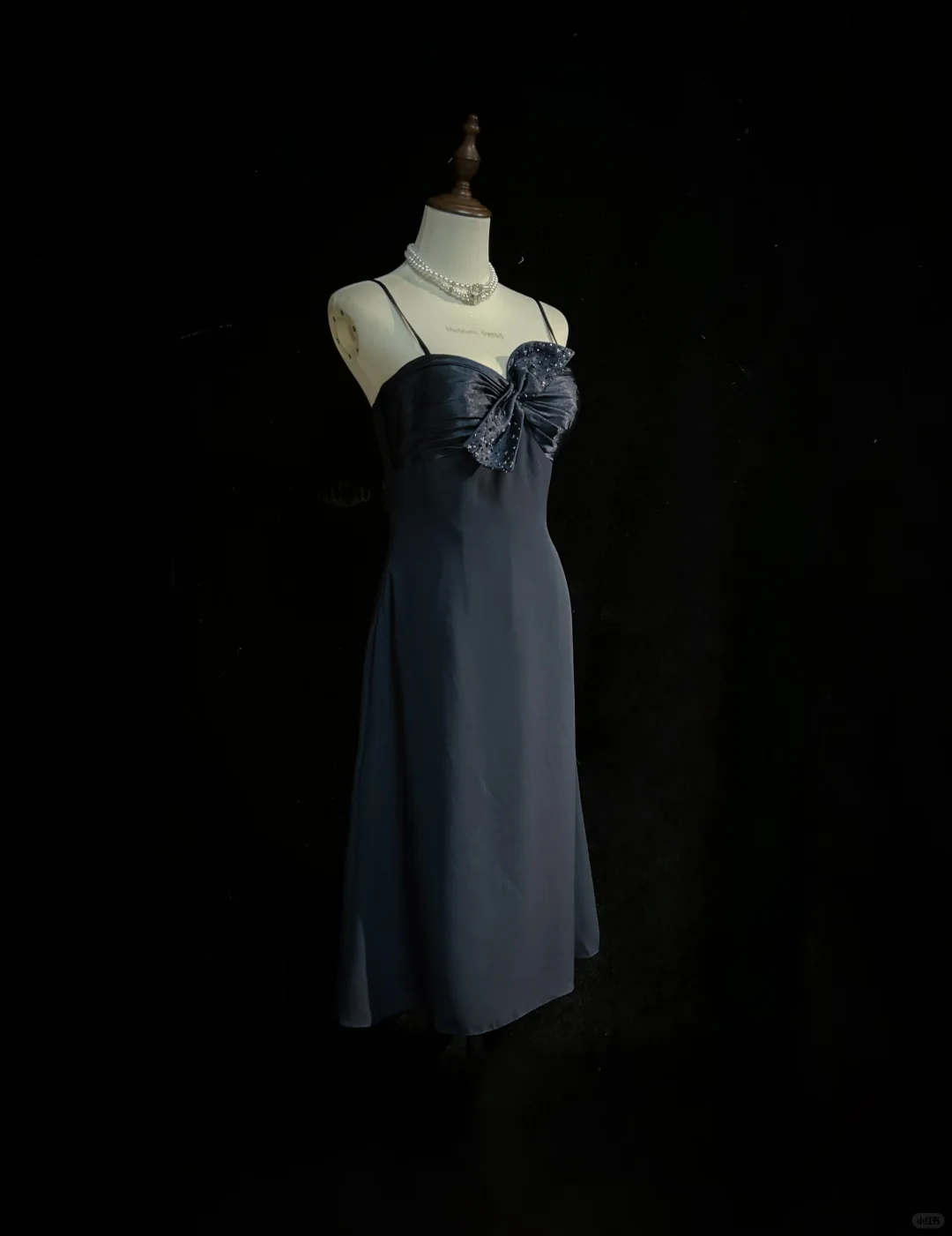 Navy Spaghetti Strap Midi Homecoming Dress Satin Bodice Rhinestone Bow Chiffon A-Line Vintage Cocktail Evening Gown NV6909