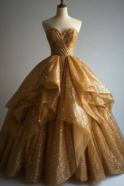 Gold dress, gorgeous dress, stylish long dress, sparkling sequins, long tulle ball gown, floor-length dress nv5058