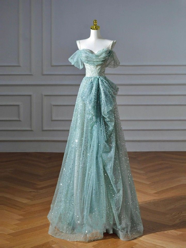 Light green shiny elegant sweet long tulle ball gown evening dress Graduation dress adult dress nv3780