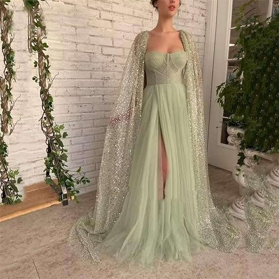 Women's Tulle Prom Dresses with Cape Party Dress with Side Slit nv1573