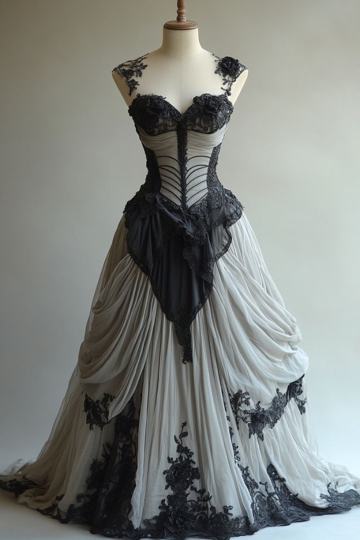 Ivory Black Sweetheart Neck Floral Lace Elegant Long Fairy Tulle Ball Gown nv4846