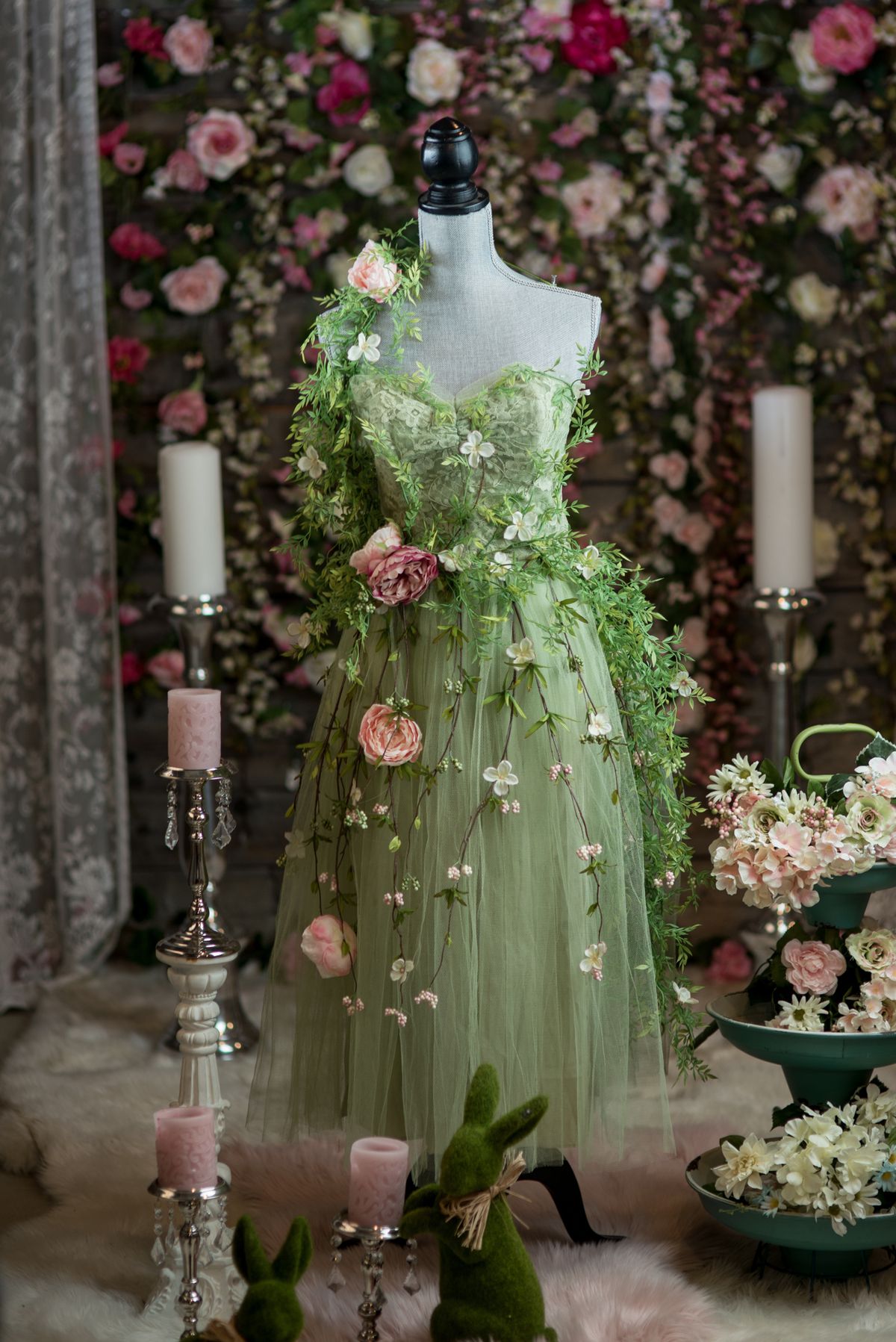 Green exquisite floral mid-length tulle fairy homecoming dress birthday party dress nv5286