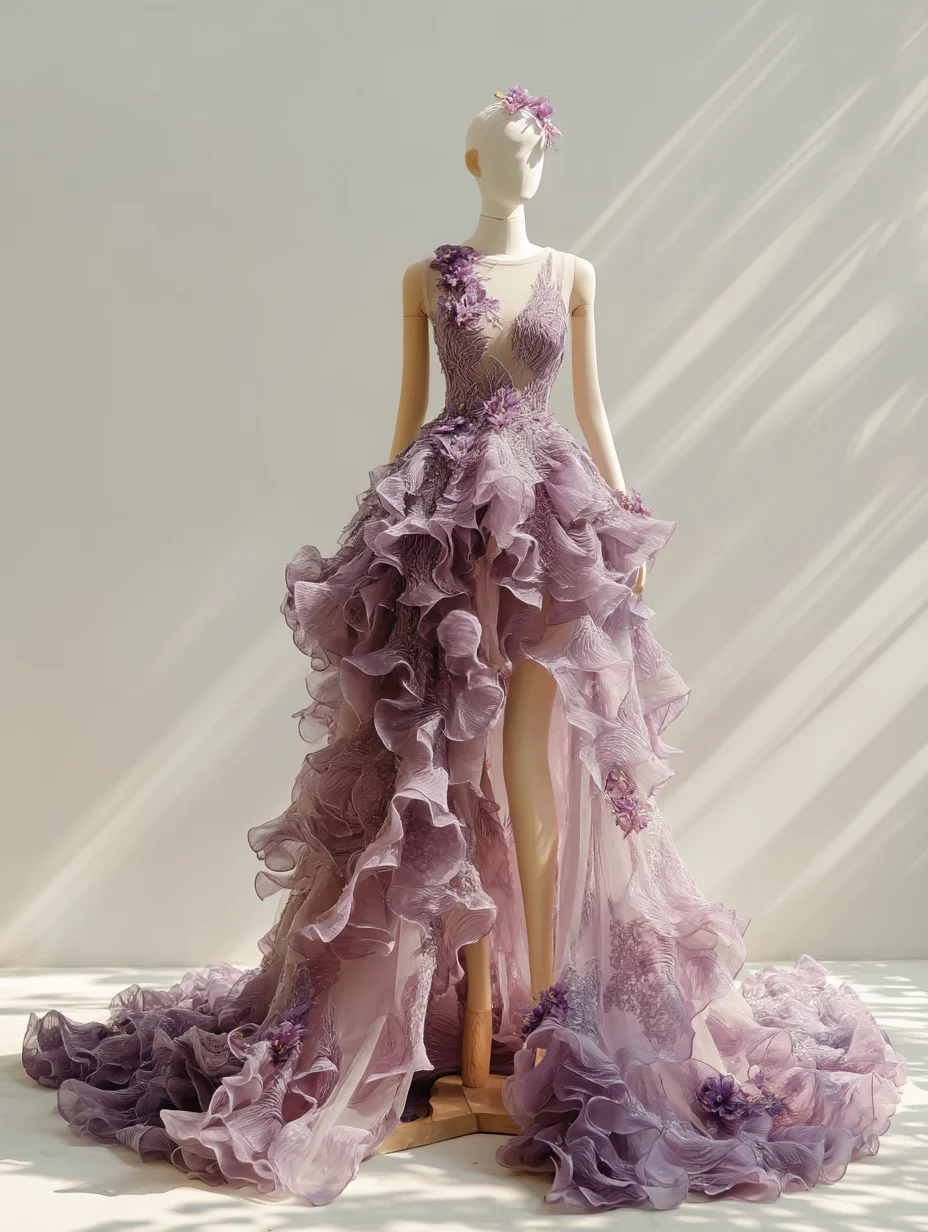Dusty Purple One Shoulder Fairy High Low Gown with Ruffles & 3D Flowers NV7510