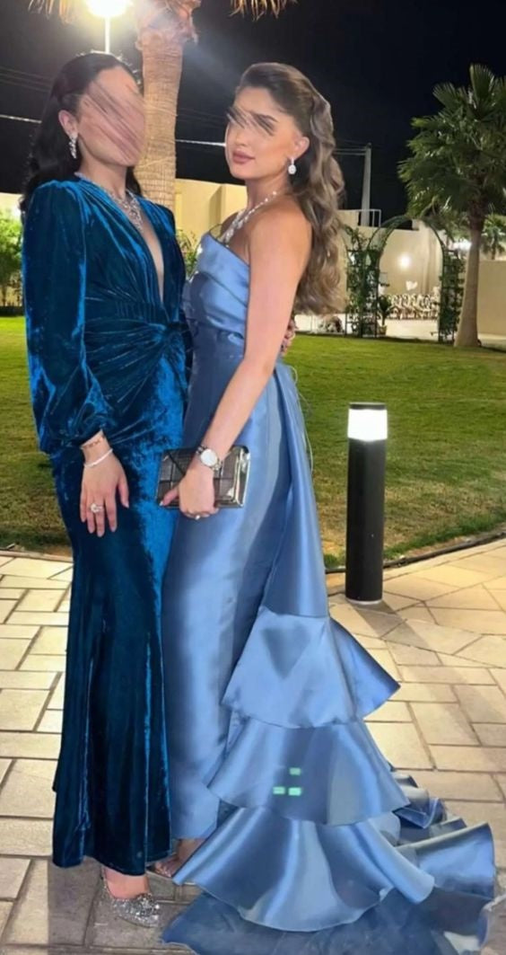 Blaues, modisches, elegantes Tube-Top mit schulterfreier Schleppe und unregelmäßigen Rüschen, Fischschwanz, langes Ballkleid, Abendkleid, Partykleid, NV2543