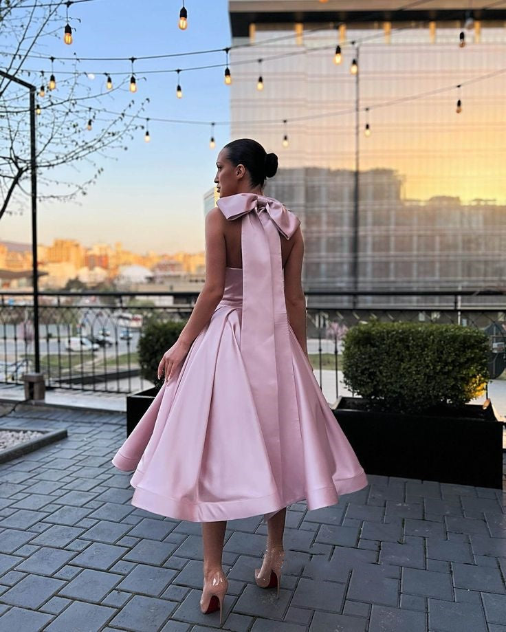 Robe de soirée élégante en satin rose uni sans manches, dos nu, nœud, décolleté en cœur, coupe trapèze, longueur cheville, robe d'invité de mariage, robe de soirée nv2512