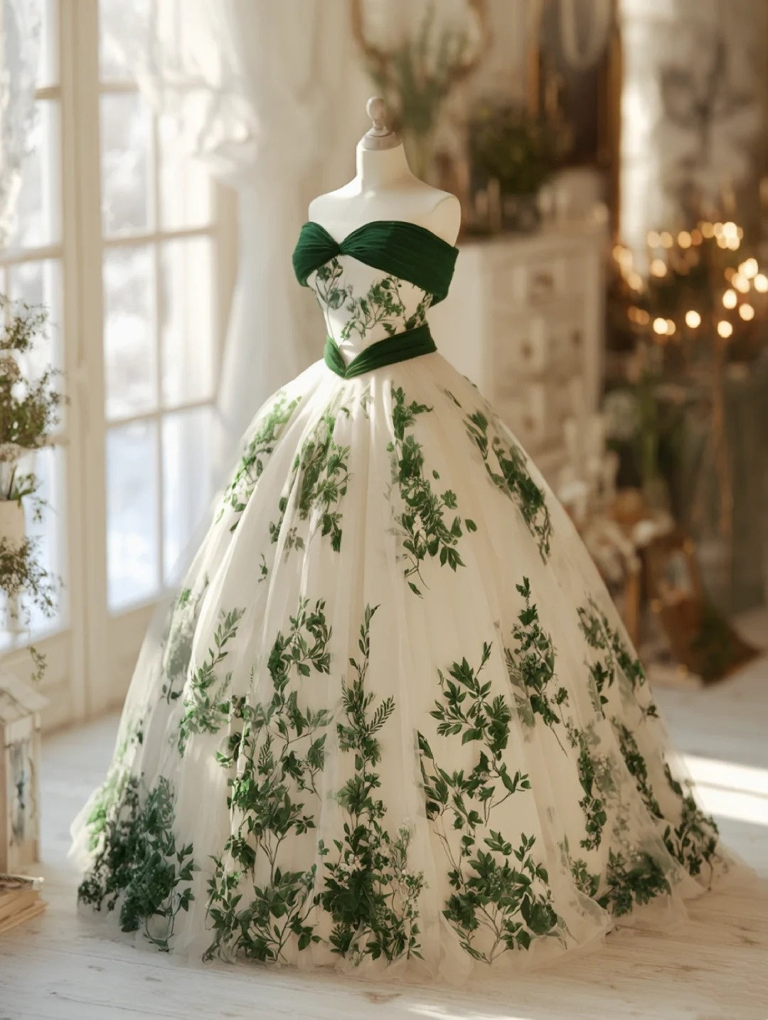 Emerald Green Gauze Dress | Forest-Style Court Dress NV6531