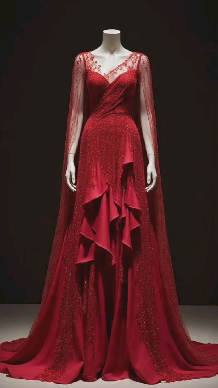 NiceVestidos-Red Lace and Sequin Paneled Tulle Long Sleeve Floor-Length Train Gown NV6164