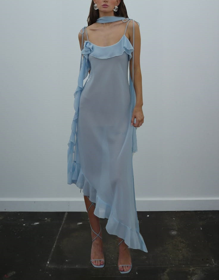 Robe de soirée longue en mousseline de soie, élégante et bleue, à bretelles spaghetti, à volants, robe de bal, robe de soirée, robe de bal, nv4024