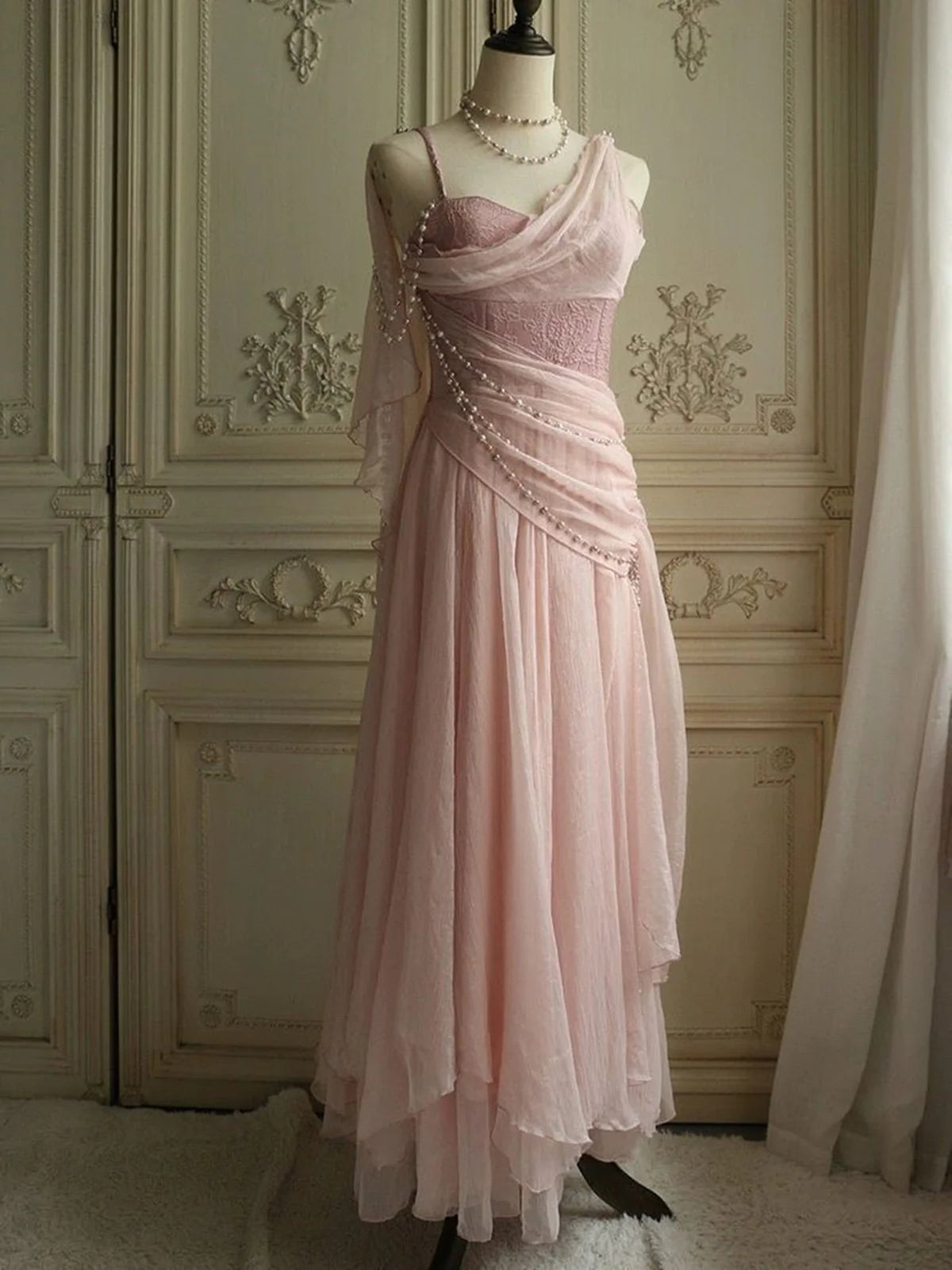 Sweet Elegant Pink Pearl Long tulle prom dress Evening Dress Party Dress nv3417