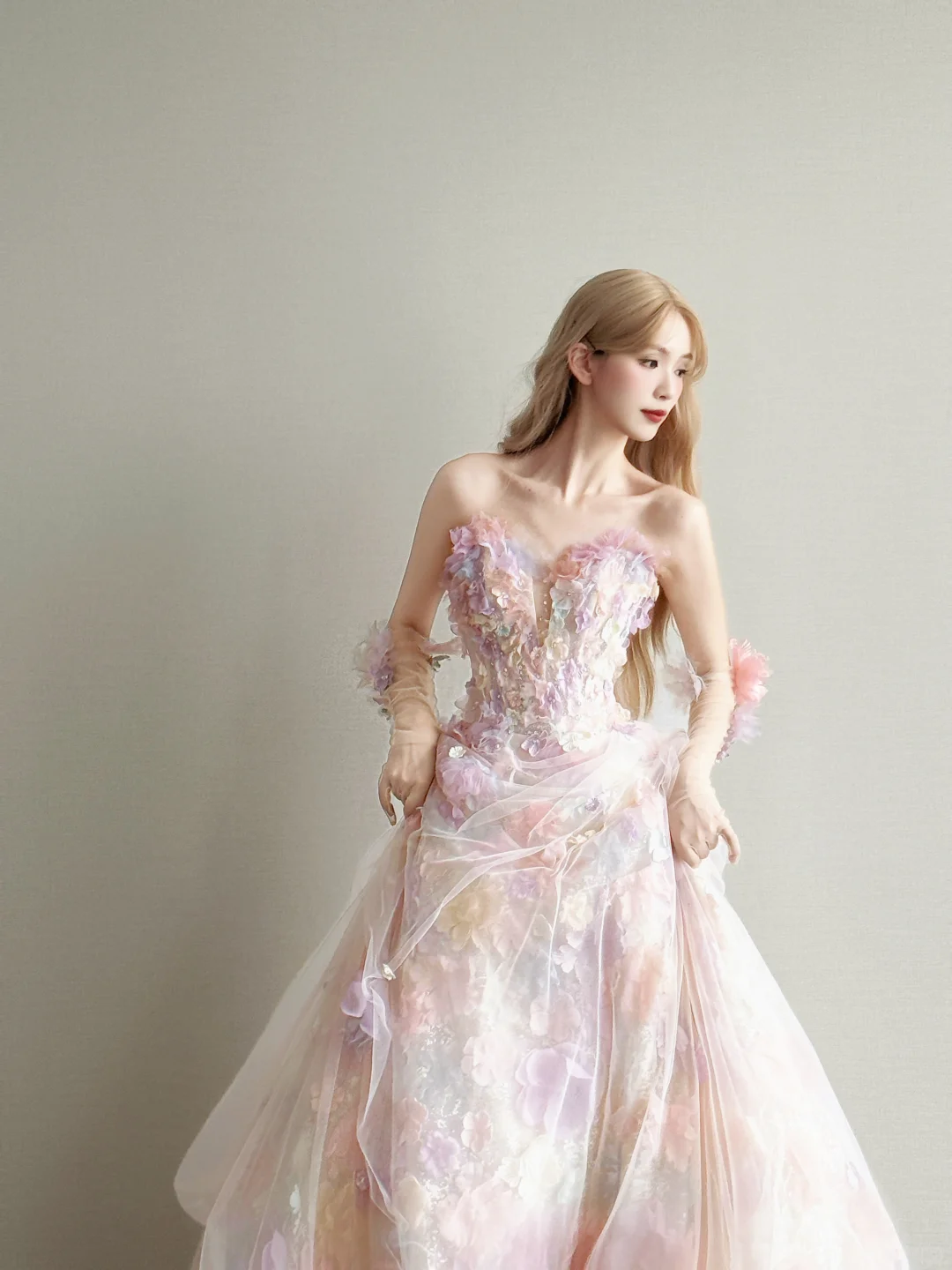 Pink Ombre 3D Floral Strapless Prom Gown Tulle Formal Dress with Gloves NV7167