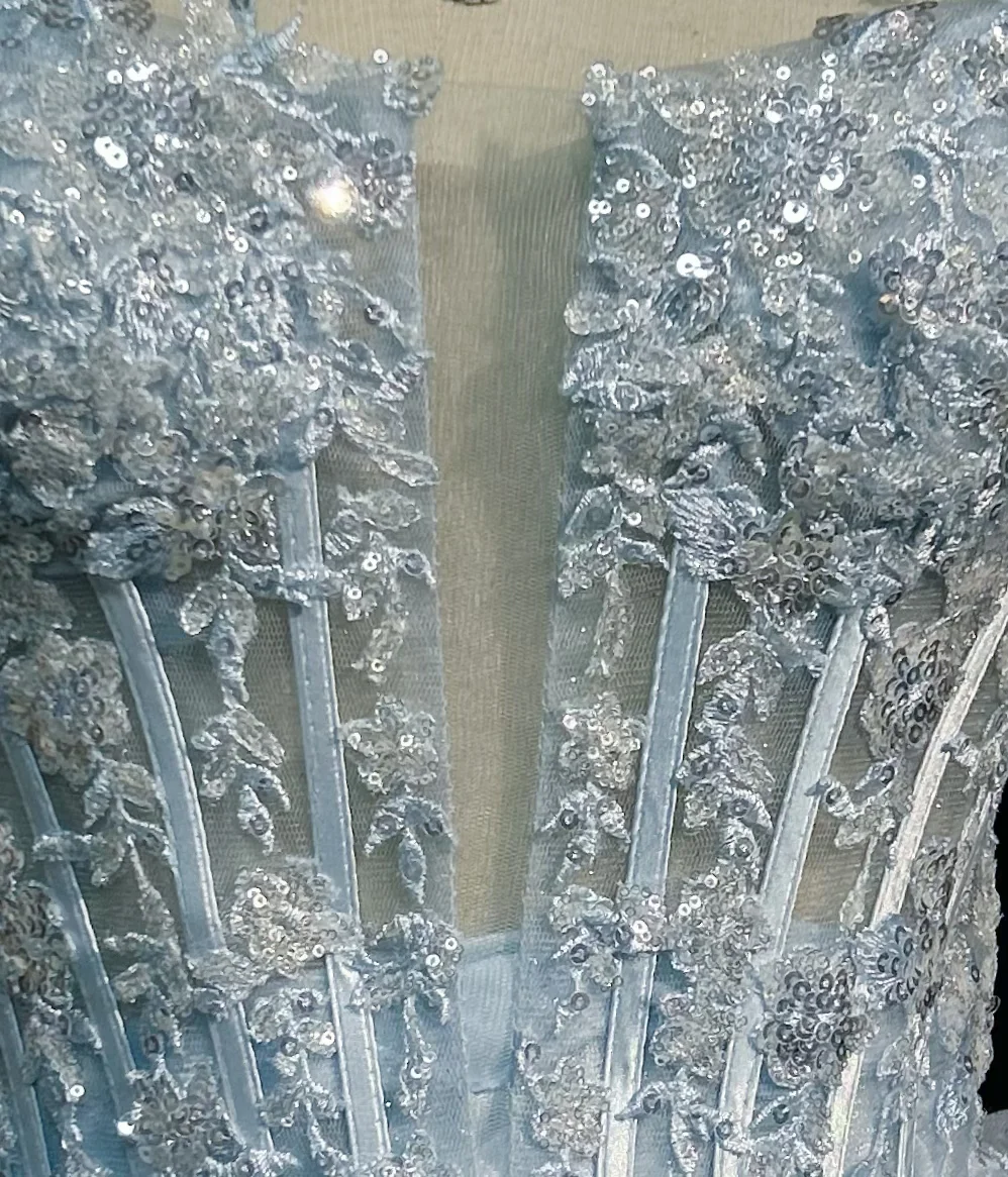 Ice Blue Spaghetti Straps Corset Short Prom Dress 3D Floral Sequin Lace Tiered Ruffle Tulle Mini Formal Gown NV6890