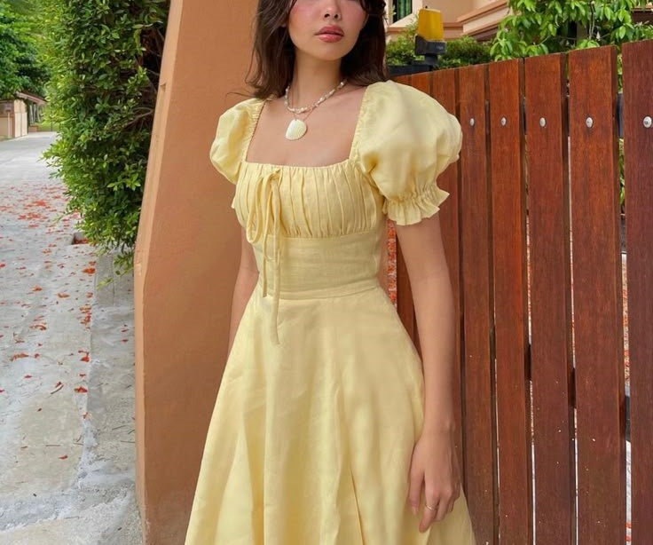 Yellow Elegant Long Puff Sleeve Slit Prom Dress Birthday Dress Evening Dress Wedding Guest Dress nv1710