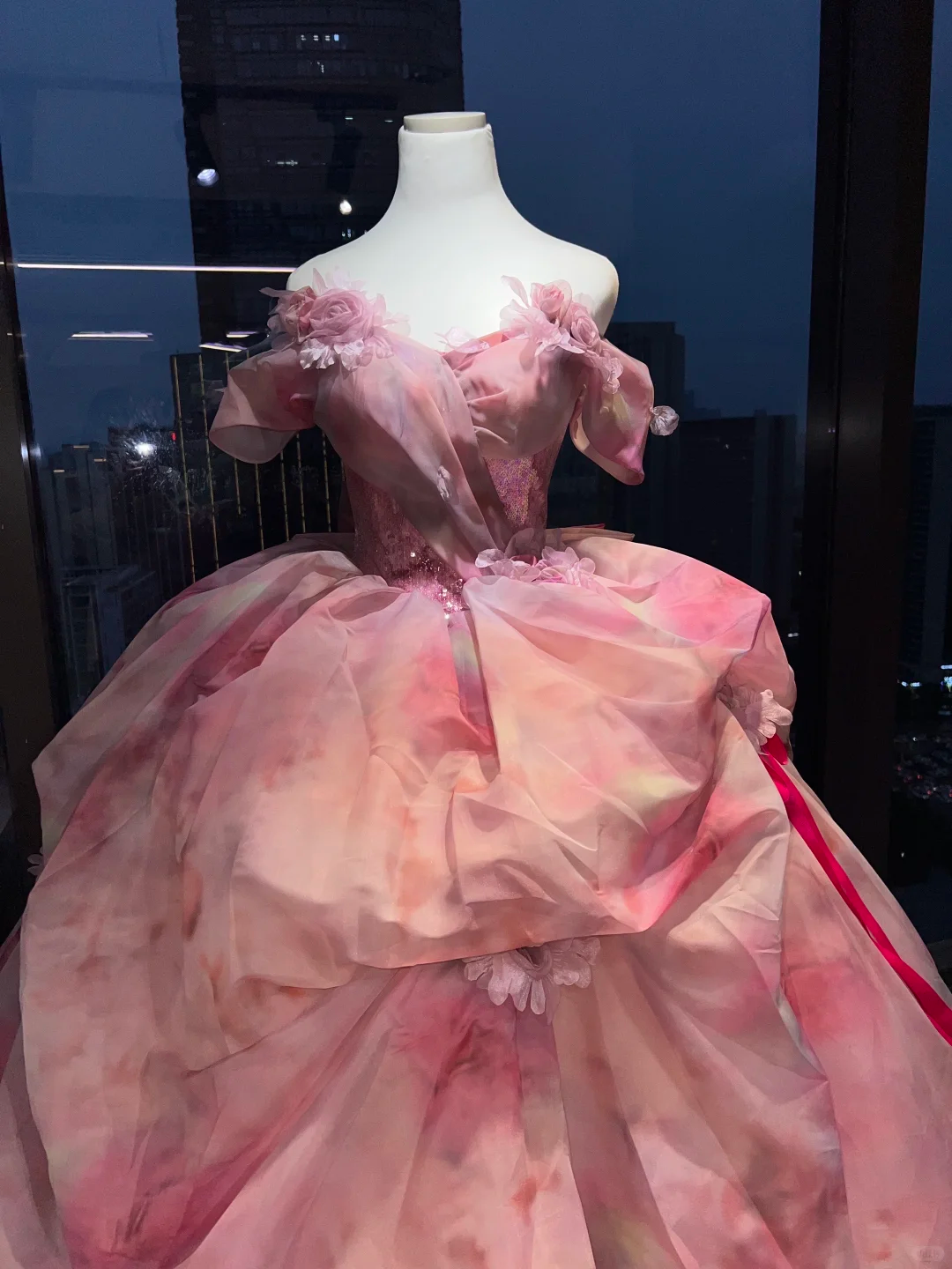 Pink Floral Print Off Shoulder Princess Evening Gown 3D Flowers Lace Boned Voluminous Ruffled Organza Skirt Long Prom Dress NV7022