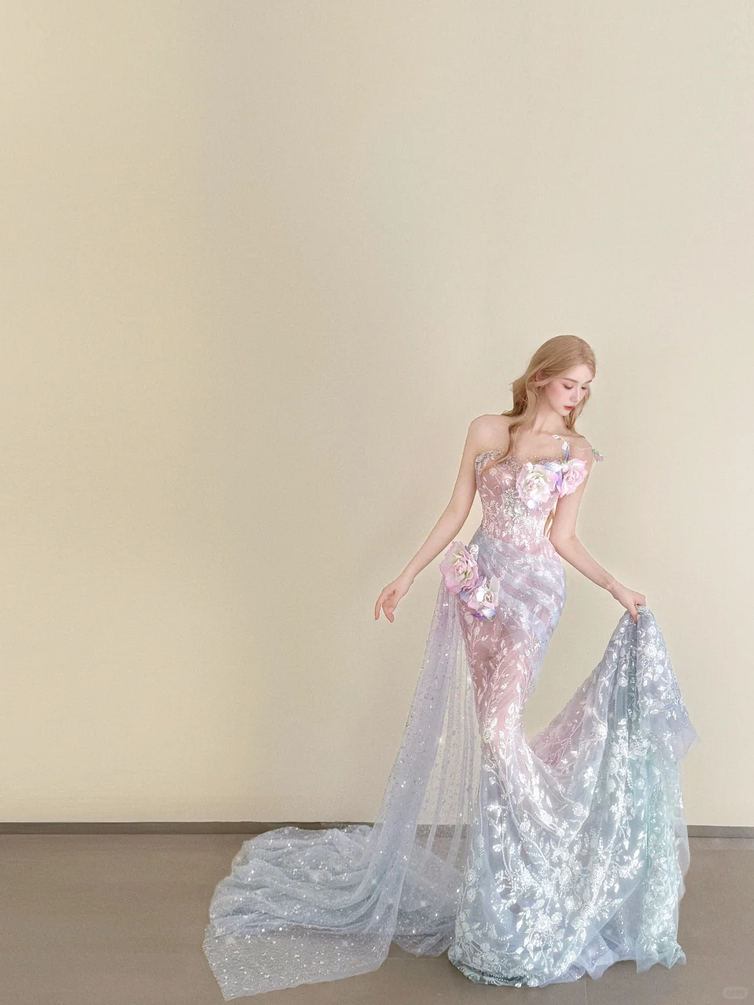 Ombre Pink Blue Strapless Sheer Mermaid Prom Dress 3D Floral Sparkle Tulle Train NV7144