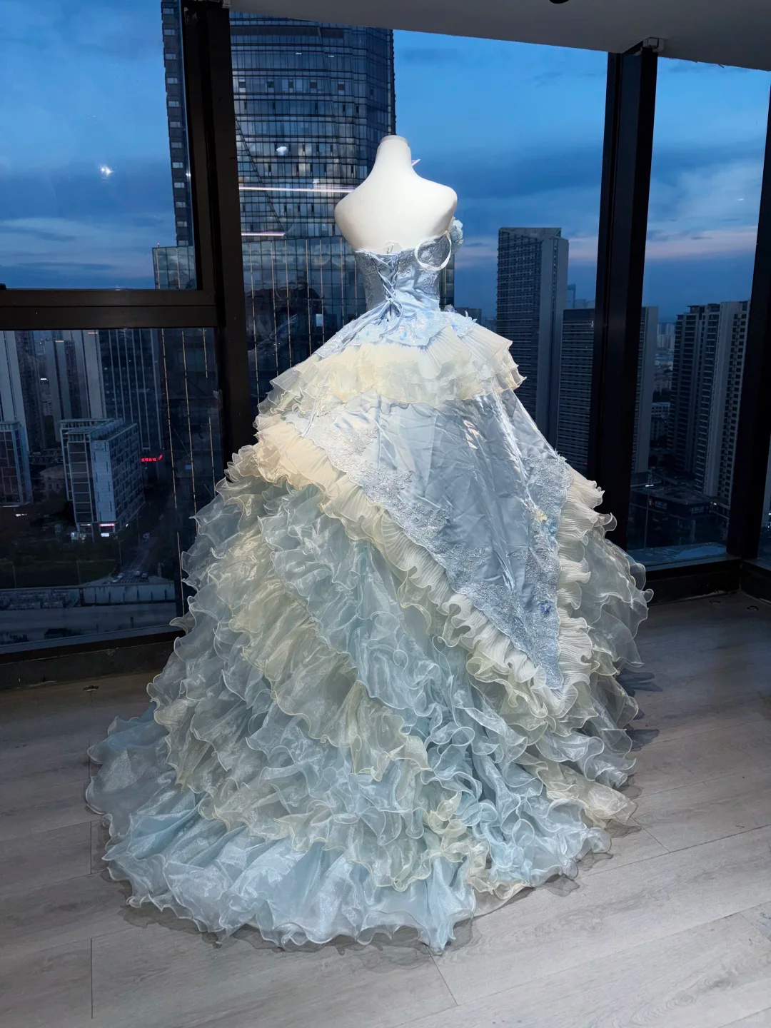 Light Blue Strapless Princess Ball Gown 3D Flower Lace Embroidery Tiered Ruffle Organza Long Evening Gown NV7007