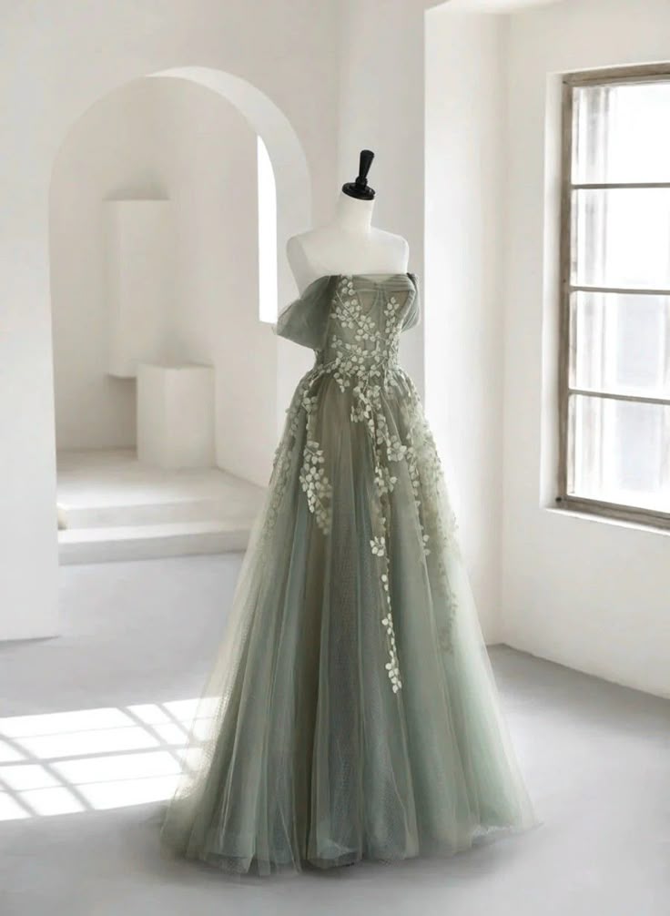 Gray Green Exquisite Floral Elegant Fashion Long Tulle Ball Gown Evening Dress Birthday Party Dress Prom Dress nv3843