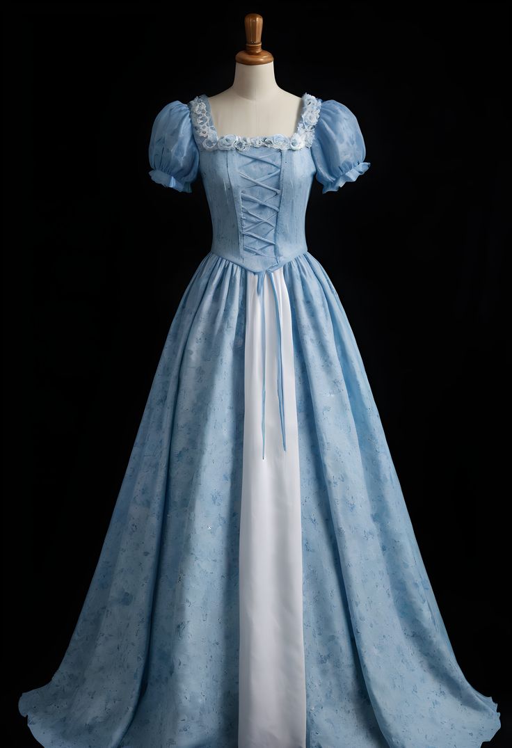 Light Blue Lace Panel Lace-up Gown: Square Neck Puff Sleeve, Contrast Skirt, Evening Retro Maxi Dress NV6432