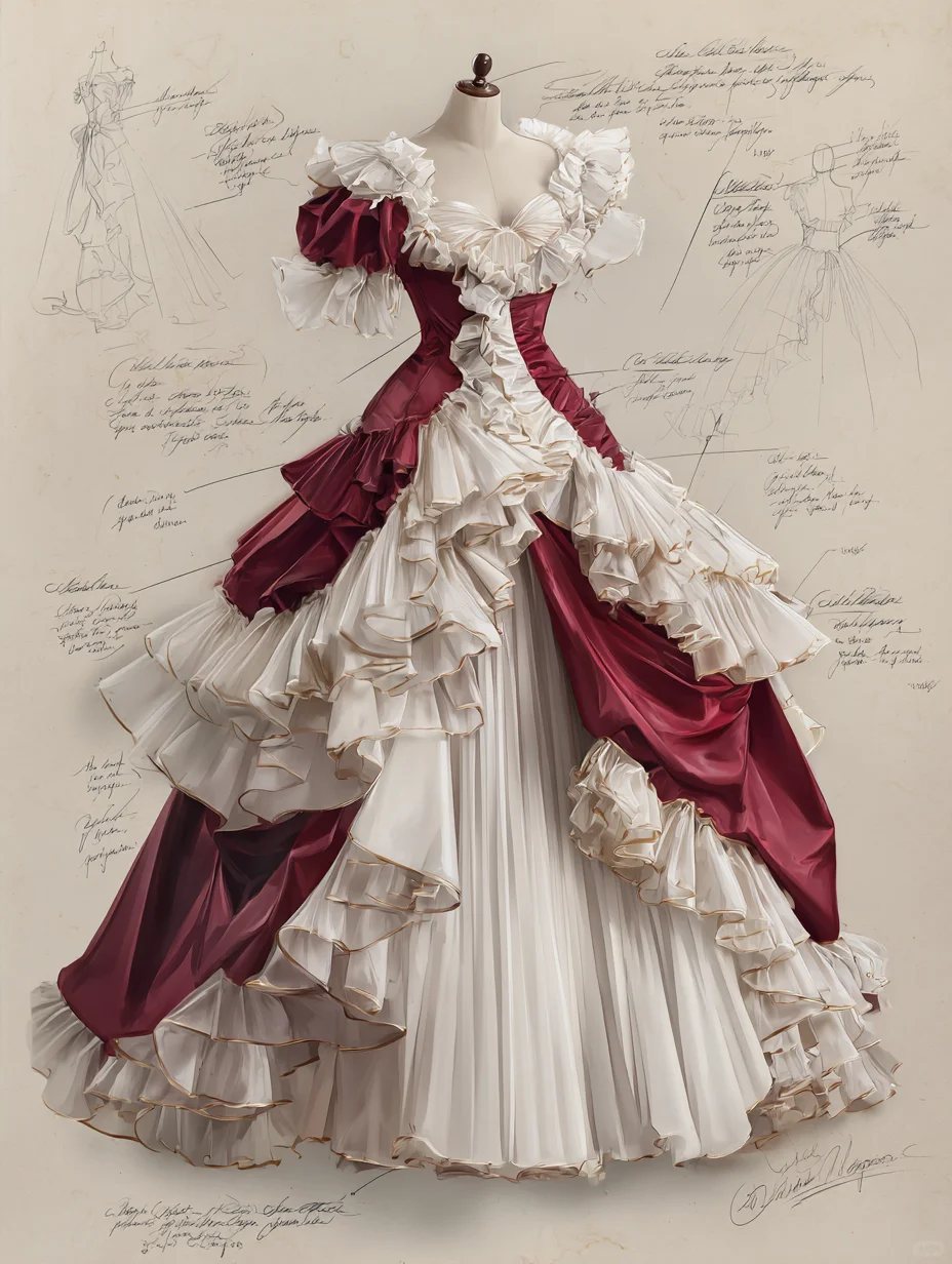 Burgundy Ivory Rococo Victorian V-Neck Gold Trim Tiered Ruffle Ball Gown NV7405