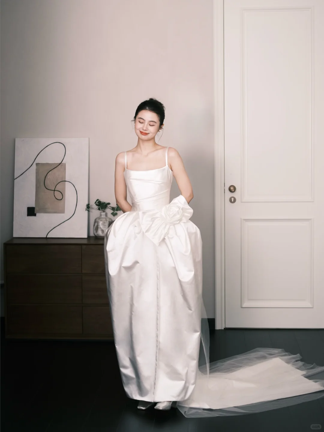 Spaghetti Strap Square Neck Satin Wedding Dress with 3D Rose NV7354