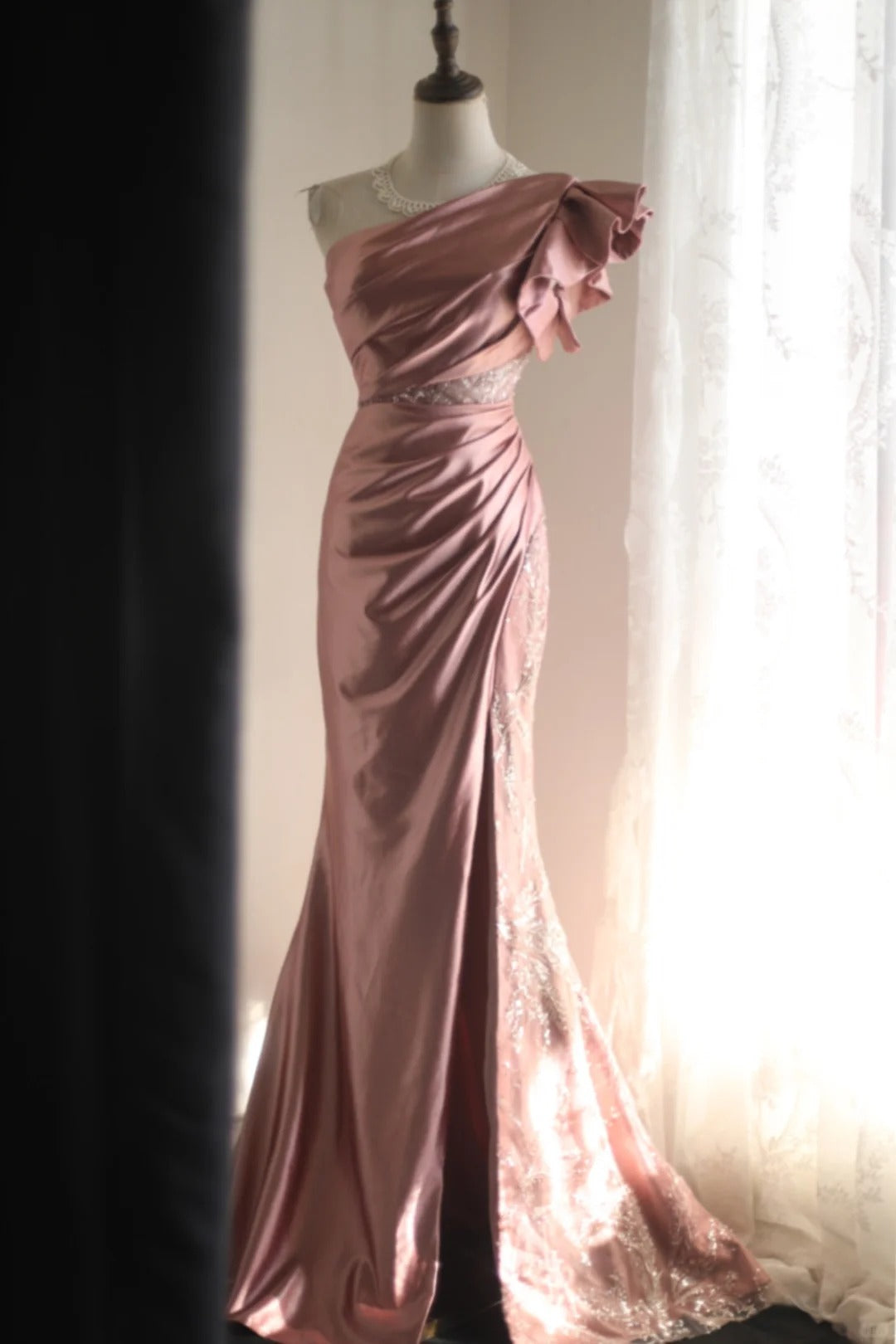 Robe de soirée longue en satin rose, élégante et perlée, longueur au sol, robe de bal, nv4187