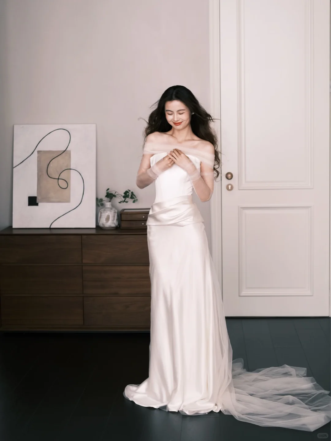 Off Shoulder Satin Mermaid Wedding Dress, Ivory Tulle Bridal Gown NV7282